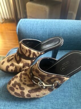 Coach Leopard Print Slip-On Mule Heels in Brown and Black
